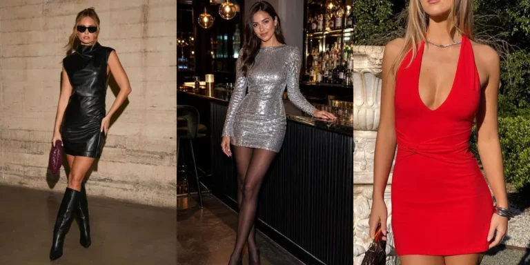 Three clubbing outfit ideas — a leather mini dress with knee-high boots, a sparkly sequin mini dress, and a ravishing red halter dress