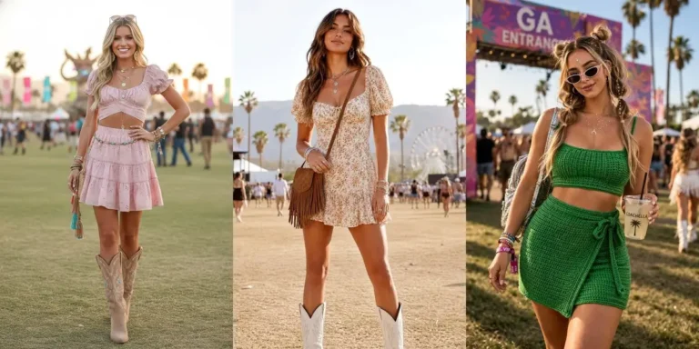 Three Coachella outfit ideas — a pink eyelet co-ord set with cowboy boots, a cream floral mini dress with white cowboy boots, and a green crochet co-ord set