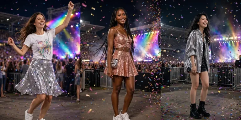 Coldplay concert outfits on three fans: a comfy tee with a starry sequin skirt, a shiny two-piece set, and an oversized sequin shirt with leather shorts