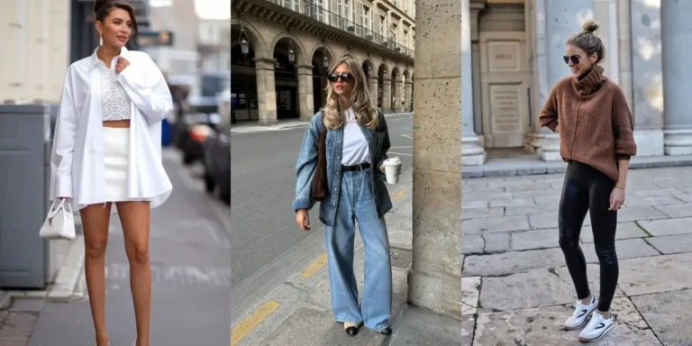 Three college outfit ideas — an oversized white shirt with a lace crop top and mini skirt, a denim-on-denim look with wide-leg jeans, and an oversized brown sweater with black leggings