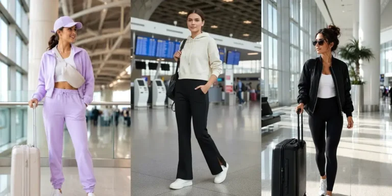 Three comfy airport outfit ideas — a lilac cropped jacket and joggers set with a suitcase, a cream hoodie with black trousers in the terminal, and a black bomber jacket with leggings and a carry-on