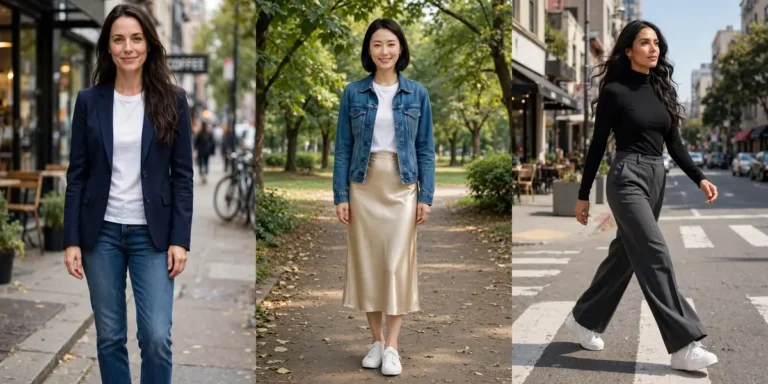 Converse outfit ideas on three women: a navy blazer with jeans and white canvas sneakers, a champagne satin skirt with a denim jacket, and charcoal wide-leg trousers with white platform sneakers