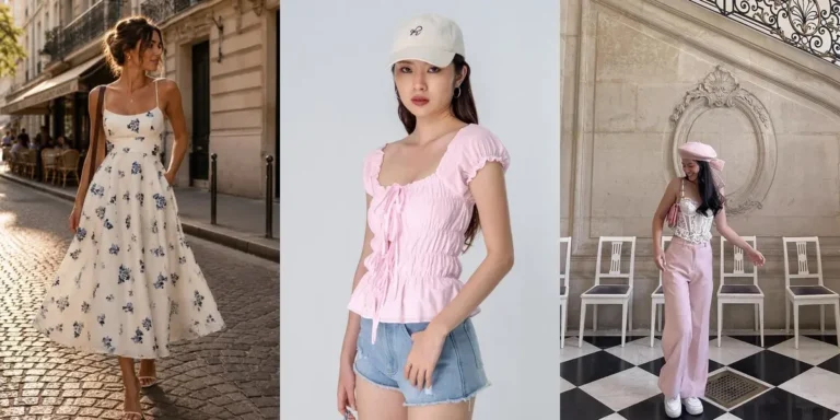 Three coquette outfit ideas — a floral midi dress on a Paris street, a pink tie-front top with denim shorts and a baseball cap, and a white corset top with pink pants and a beret