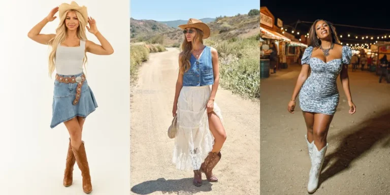 Three country concert outfit ideas — a white top with a denim skirt and cowboy hat, a denim waistcoat with a white maxi skirt, and a blue floral mini dress with white cowboy boots