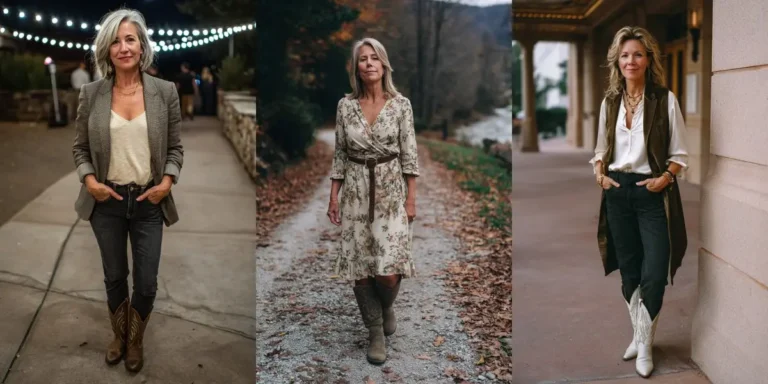 Three women over 50 wearing cowboy boots — with dark jeans and a blazer, a floral midi dress, and white boots with a silk blouse