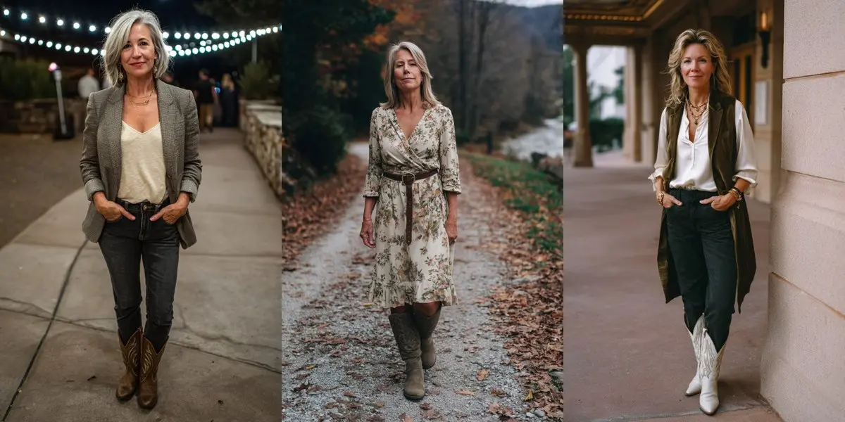 Three women over 50 wearing cowboy boots — with dark jeans and a blazer, a floral midi dress, and white boots with a silk blouse