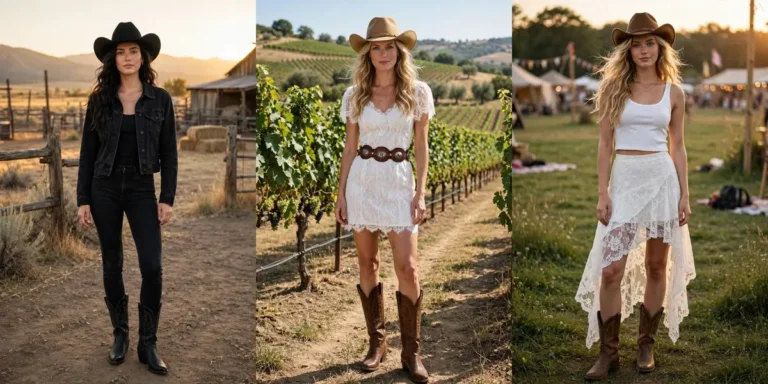 Three cowgirl outfits in a collage: a woman in all-black denim with a black cowboy hat at a ranch, a woman in a white lace mini dress with a concho belt and tall boots in a vineyard, and a woman in a cropped white tank and asymmetrical lace skirt with a brown cowboy hat at a festival
