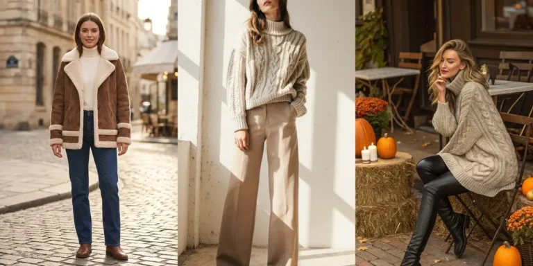 Three cozy fall outfits — a shearling jacket with jeans, a cozy knit sweater with wide-leg pants, and a chunky sweater with leggings and boots