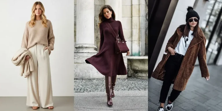 Three cozy fall outfit ideas — a beige knit sweater with cream wide-leg pants, a burgundy sweater dress with matching knee-high boots, and a brown teddy coat over a white tee and jeans