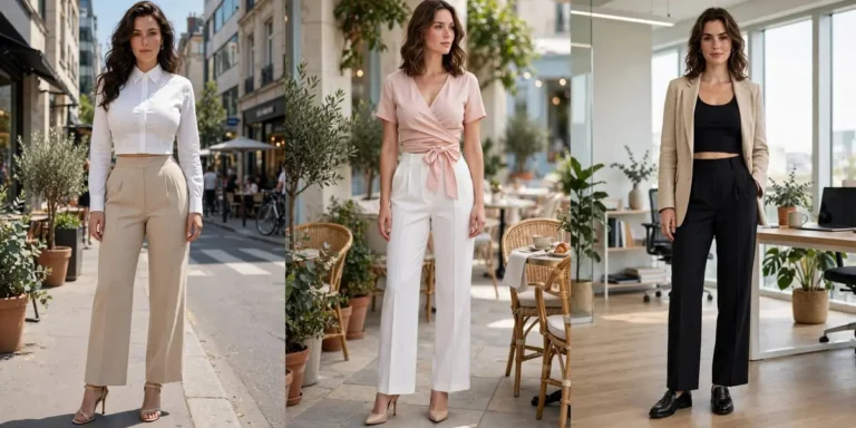 Crop tops for big busts in a three-panel collage: a structured crop top with high-waisted trousers, a wrap crop top outfit, and a layered crop top look
