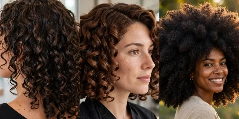 Curly hair ideas for women in a three-panel collage: glossy wash-and-go ringlets, a defined chestnut ringlet bob and a big bold afro