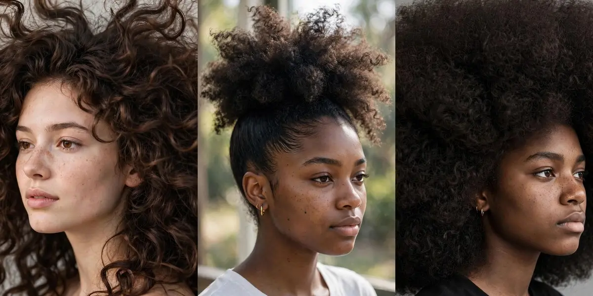 Three panels of the best curly hairstyles ideas for girls in 2026: big bouncy curls, a high curly puff, and a full round afro