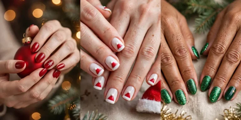 Cute Christmas nail ideas in three designs: glossy cherry-red nails with a white snowflake accent, white nails with red Santa hat tips with white fur trim and pompoms, and sparkling emerald green glitter nails with a gold star accent
