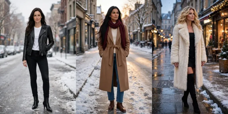 Cute cold weather outfits on three women: a leather jacket look, a long wool coat with a scarf, and a faux fur coat with boots