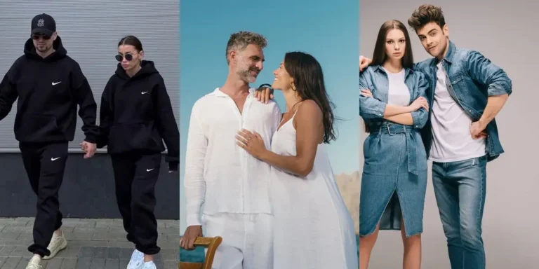 Three cute couple outfit ideas — matching black hoodie sets with sneakers, breezy all-white vacation linen, and a polished denim-on-denim duo