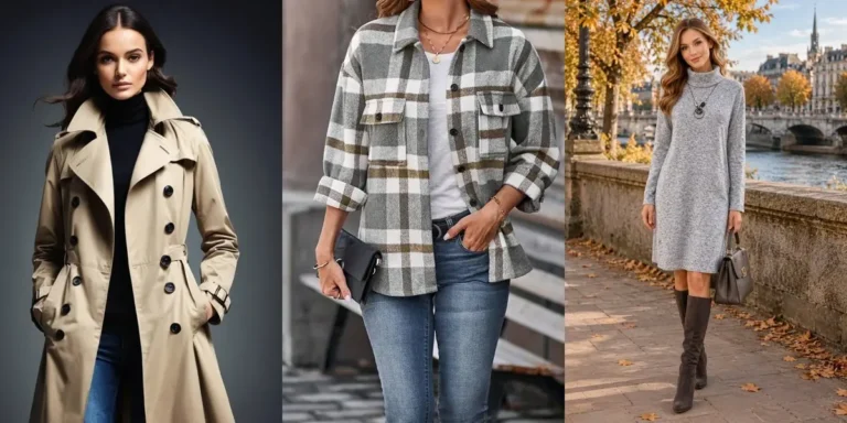 Three cute fall outfits — a trench coat over a turtleneck, a fall shacket with jeans, and a sweater dress with knee-high boots