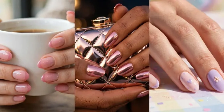 Cute nail designs shown in three manicure photos: soft pink French tip nails holding a coffee cup, glossy pink chrome nails holding a metallic clutch, and a pink and lavender mix-and-match manicure with a French tip, heart, flower and glitter nails