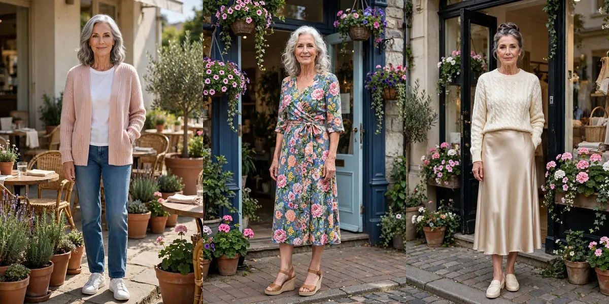 Cute outfits for women over 50 in a three-panel collage: a blush pink cardigan with a white tee and straight-leg jeans, a floral wrap midi dress with wedge sandals, and a cream cable knit sweater with a champagne satin midi skirt