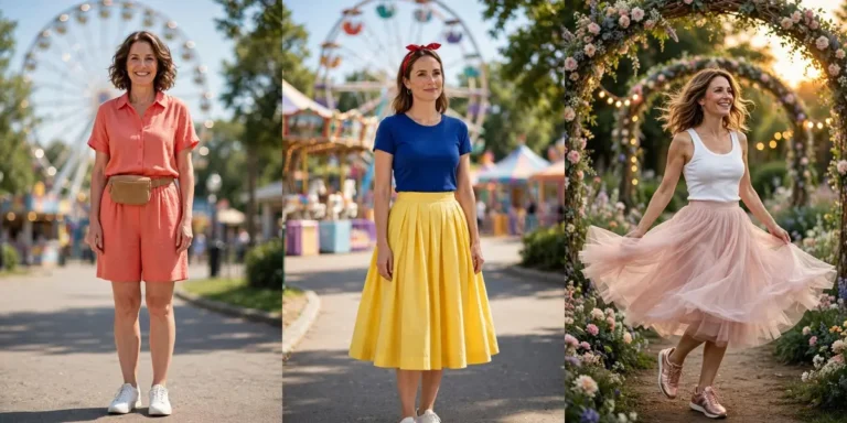 Collage of three Disney and amusement park outfits — a coral matching set with a belt bag, a yellow skirt with a blue top and red bow, and a twirly blush tulle skirt with a white tank