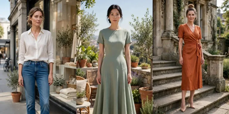 How to dress a short torso: a three-panel collage of mid-rise jeans with a tucked-in ivory blouse, a sage drop-waist dress, and a rust wrap dress with a top knot and nude heels