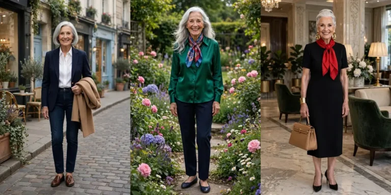 How to dress in your 70s shown in a three-panel collage: a navy blazer and jeans staple outfit, an emerald silk blouse with a colorful scarf, and a black dress with statement gold accessories