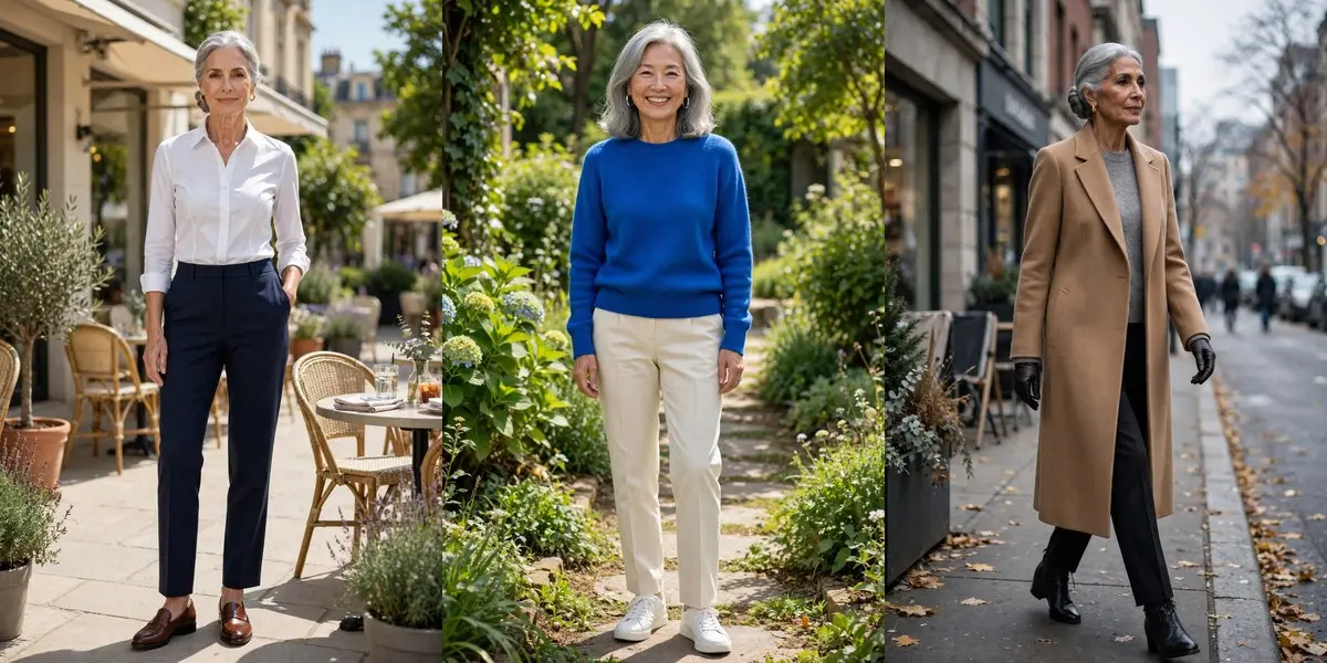 How to dress over 60 without looking boring or outdated: a fitted white shirt with loafers, a cobalt sweater with cream trousers, and a camel coat outfit