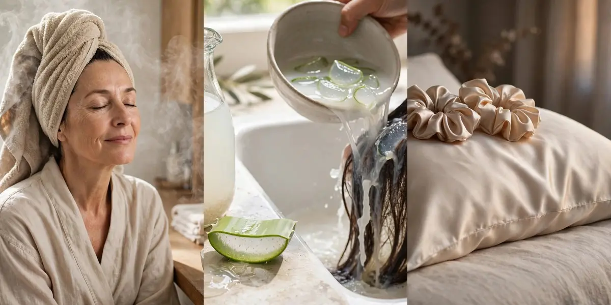 Dry hair remedies in a three-panel collage: a woman deep conditioning under a warm steaming towel wrap on the left, a rice water and aloe vera rinse being poured over long hair in the centre, and a champagne satin pillowcase with two satin scrunchies on the right