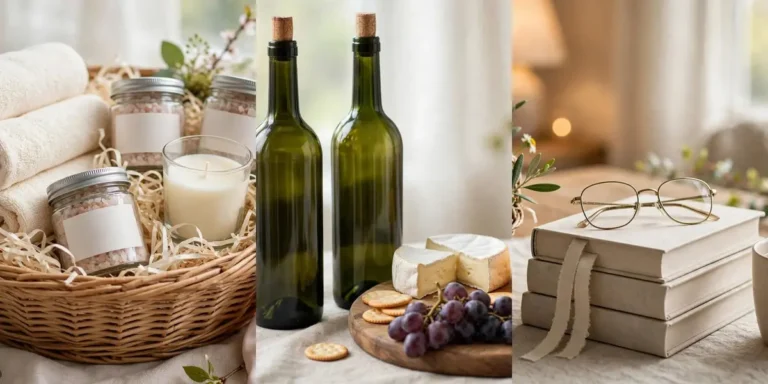 Unique adult Easter basket ideas in three themes: a spa basket with towels and bath salts, a wine and cheese board with blank-label bottles, and a bookworm stack with reading glasses