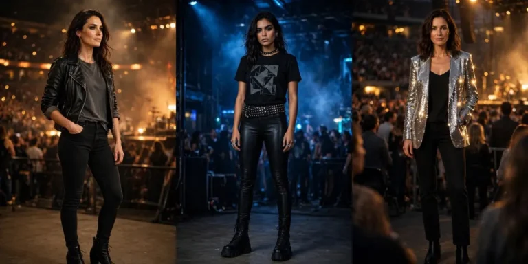 Three panels of edgy concert outfits: a leather jacket and tee arena look, an all-black metal show outfit with hardware, and a silver sequin blazer worn with plain black separates