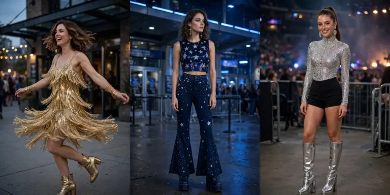 Eras Tour outfit ideas in a three-panel collage: a gold fringe Fearless dress on the left, a navy Midnights sequin star outfit in the centre, and a silver bejeweled bodysuit look on the right