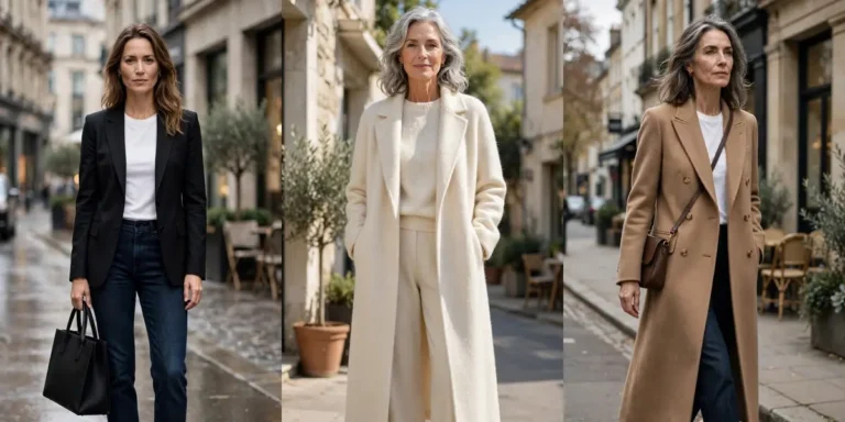 Expensive-looking outfit formula on three women: straight-leg denim with black heels and a structured black blazer, a head-to-toe cream monochrome outfit, and a long camel wool-blend coat over jeans