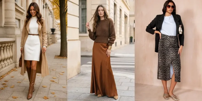 Three fall date night outfit ideas — a camel trench coat over a cream sweater dress with knee-high boots, a brown pullover with a copper satin maxi skirt, and a black oversized blazer with a leopard print skirt