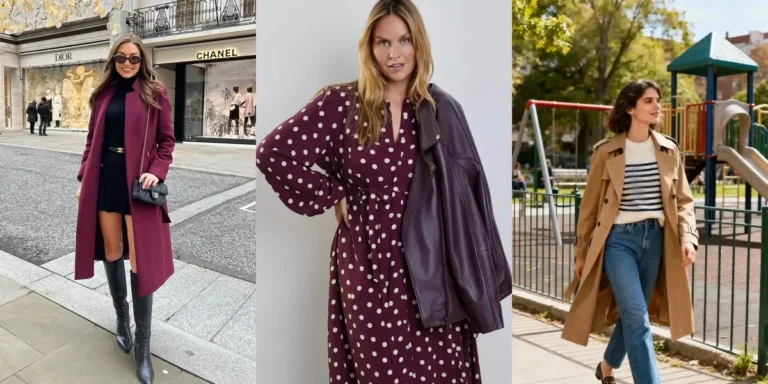 Three fall outfit ideas — a burgundy long coat with a black dress and black knee-high boots on a Paris street, a burgundy polka dot midi dress with a burgundy leather jacket, and a tan trench coat with a striped knit sweater, jeans and loafers