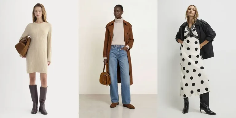 Three fall outfit ideas for 2026 — a cream sweater dress with brown knee-high boots, a rust suede trench coat with jeans and loafers, and a white polka dot maxi dress with a black leather jacket