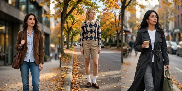 Fall work outfits on three women: a brown corduroy blazer with a striped shirt and jeans, a beige and navy argyle sweater over a white shirt with tan shorts, and a long dark trench coat with an olive tote