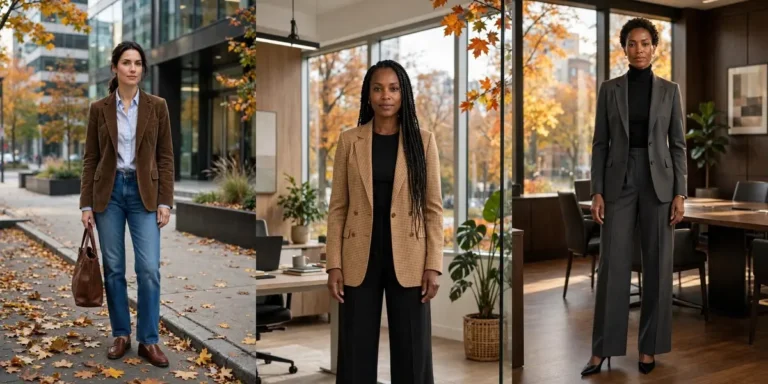 Fall work outfits in a three-panel collage: a brown corduroy blazer with a striped shirt and jeans, a tan gingham checked blazer with black wide-leg trousers, and a matching charcoal trouser suit with a black turtleneck