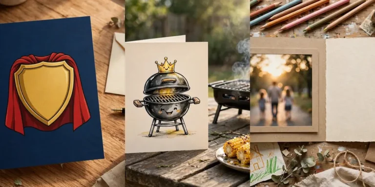 Three Father’s Day card ideas side by side: a navy superhero shield and cape card, a crowned barbecue grill card, and a handmade photo card