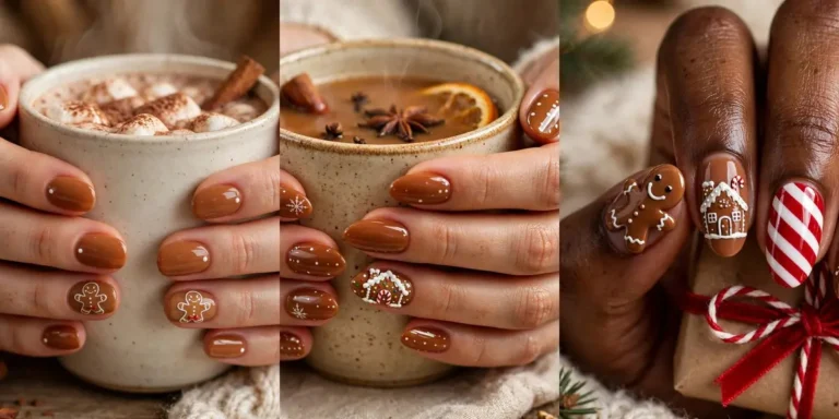 Gingerbread nail ideas in a three-panel collage: classic gingerbread man nails with white icing figures, a detailed gingerbread house accent nail with snowflake nails, and an adorable Christmas mix with a gingerbread man, gingerbread house and candy cane stripes
