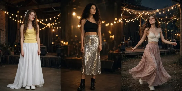 Collage of three Gracie Abrams concert outfits: a yellow tank top with a flowy white maxi skirt, a black one-shoulder crop top with a silver sequin skirt, and a cream strappy crop top with a dusty rose floral maxi skirt under string lights