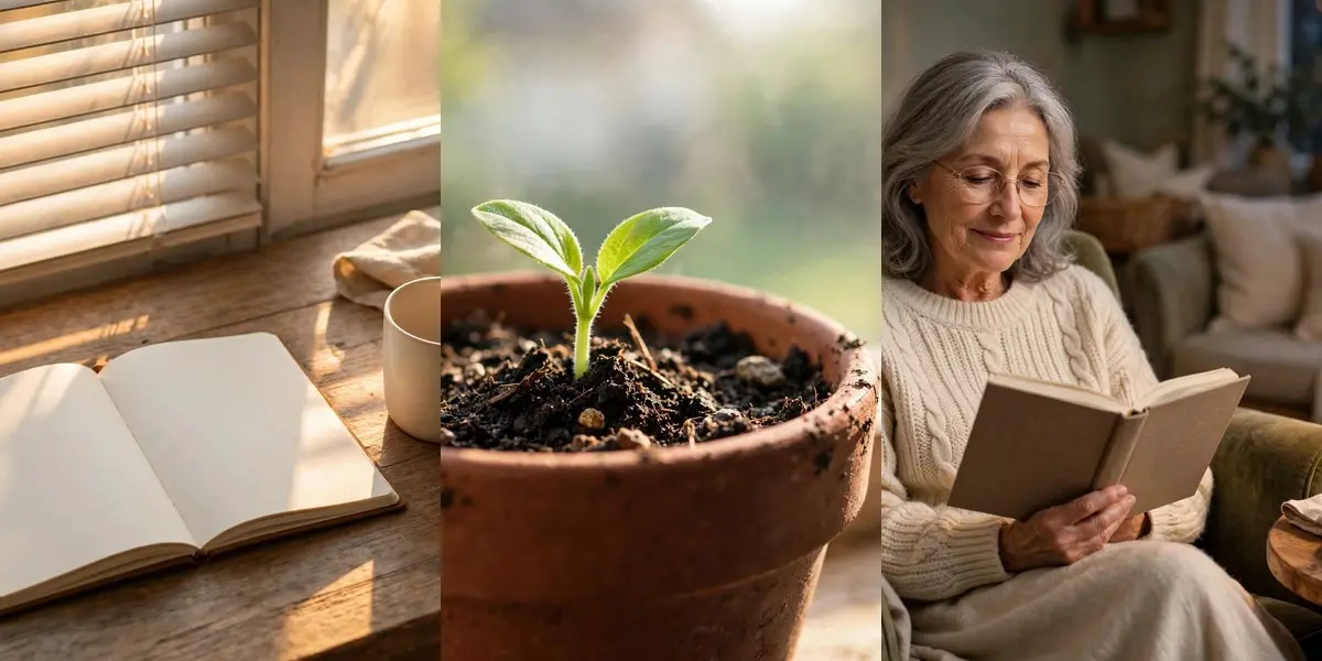 Collage of gratitude journal prompts scenes — golden morning light over an open journal, a tiny seedling sprouting on a windowsill, and a woman reading peacefully in lamplight
