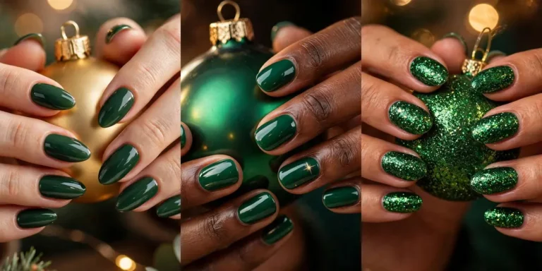 Green christmas nail ideas in a three-panel collage: glossy forest green nails holding a gold bauble, rich emerald green nails with a tiny gold star holding an emerald ornament, and full emerald glitter nails holding a green glitter bauble