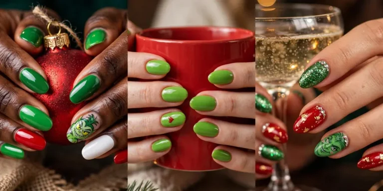 Grinch nail ideas in a three-panel collage: a hand-painted Grinch face accent nail with green, red and white nails, classic glossy green nails with a tiny red heart, and glamorous green glitter and red party nails with a second painted Grinch face