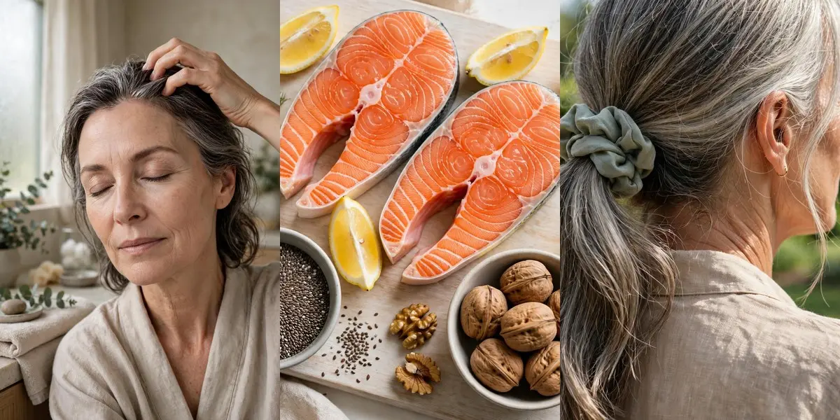 How to grow thicker hair naturally — a three-panel collage showing a woman massaging her scalp, omega-3 rich salmon with seeds and walnuts, and a loose low ponytail with a silk scrunchie