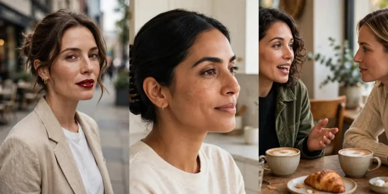Three scenes from the habits attractive women swear by: a woman with her signature red lip and gold hoops, a neat claw-clip bun, and two friends talking over coffee