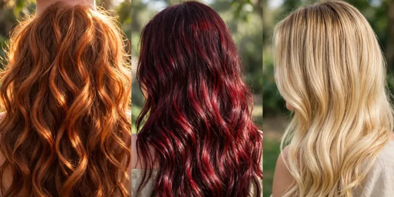 Hair color trends in a three-panel collage: long warm copper waves glowing in sunlight on the left, deep burgundy wine-red waves in the centre, and buttery champagne blonde waves on the right