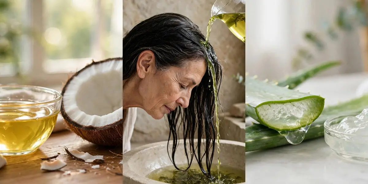 Home remedies for hair fall in three panels: a bowl of golden coconut oil beside a halved coconut, a mature woman rinsing her hair with cooled green tea over a stone basin, and fresh aloe vera leaves with a dish of clear gel