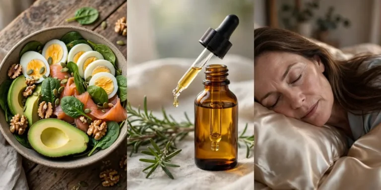 Hair growth tips in a three-panel collage: a nourishing bowl of eggs, salmon, spinach, avocado and walnuts on the left, an amber dropper bottle of rosemary oil with fresh rosemary sprigs in the centre, and a woman sleeping on a champagne silk pillowcase with her long hair spread over the silk on the right