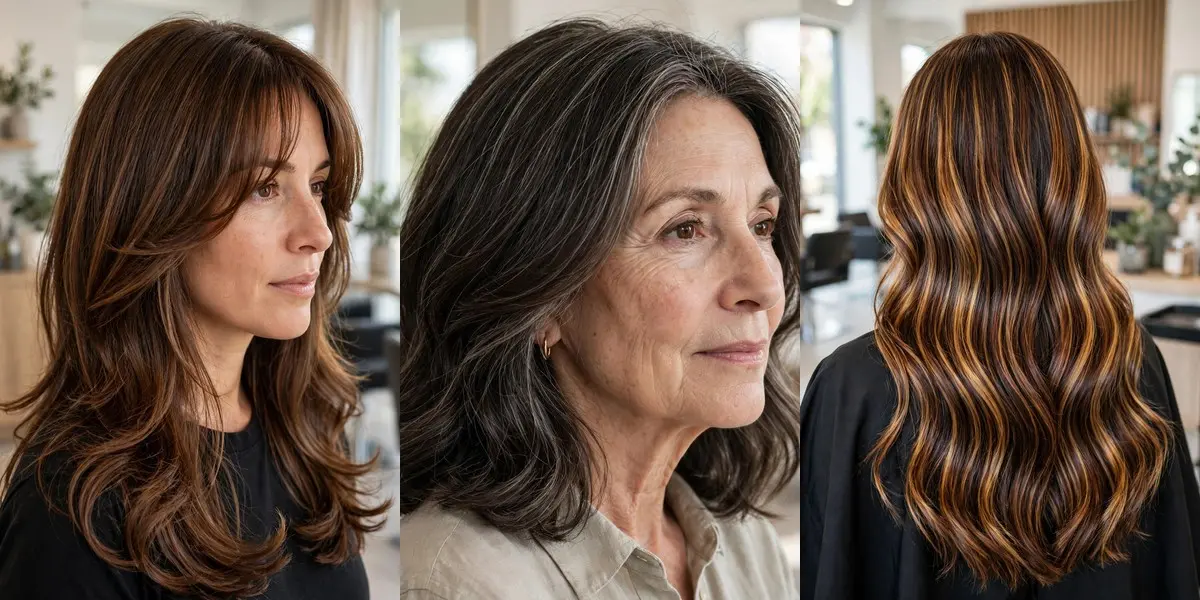 Hair trends in a three-panel collage: long chestnut layers with center-parted curtain bangs, fine silver-grey strands blended through a mature woman's dark shoulder-length dark hair, and long tortoiseshell hair with caramel, honey and gold ribbons