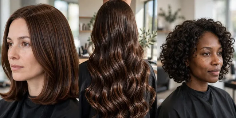 Three haircut trends side by side: a shoulder-length lob in chestnut brown, long glossy chocolate brunette waves seen from the back, and a voluminous curly bob with defined dark ringlets