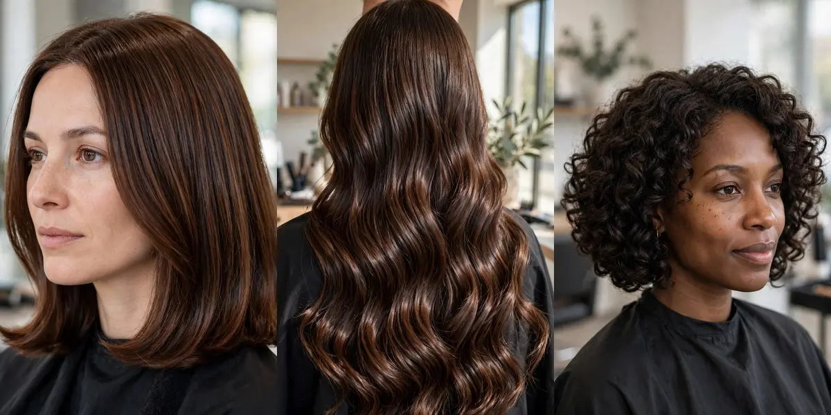 Three haircut trends side by side: a shoulder-length lob in chestnut brown, long glossy chocolate brunette waves seen from the back, and a voluminous curly bob with defined dark ringlets